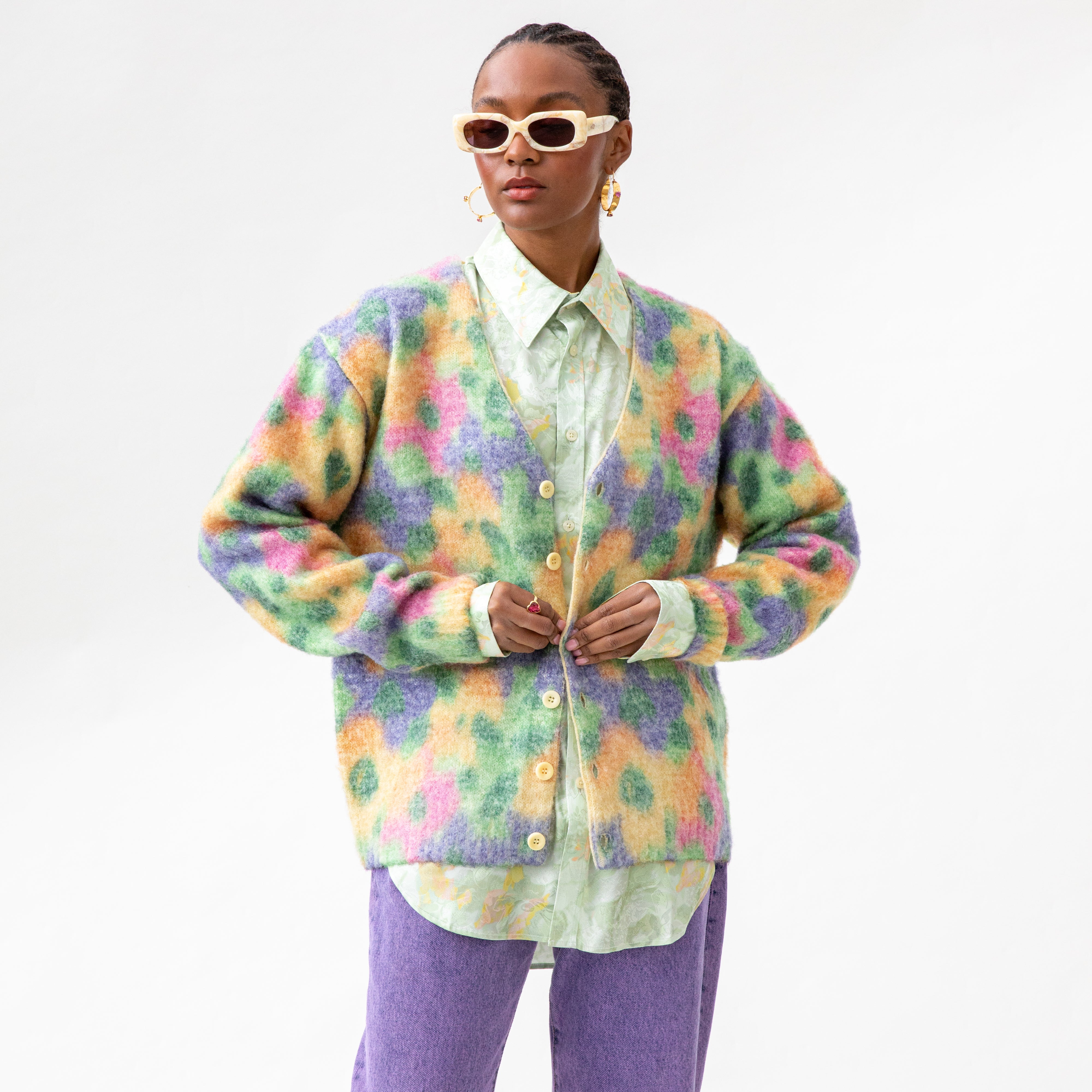 Awake NY - Mohair Floral Printed Cardigan - Mustard Multi | available at LCD