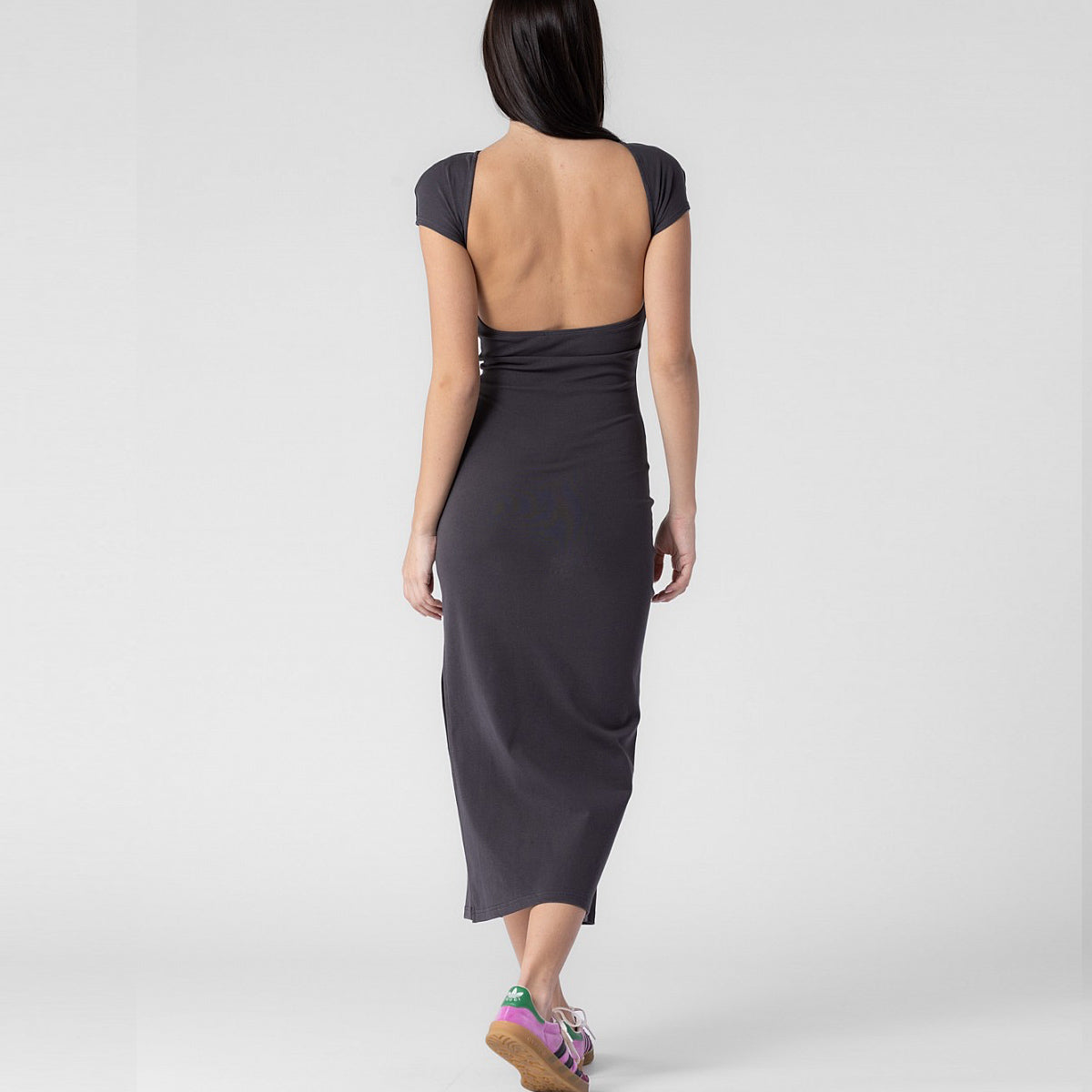 Back full body photo of model wearing the Low Back Easy Dress - Slate.