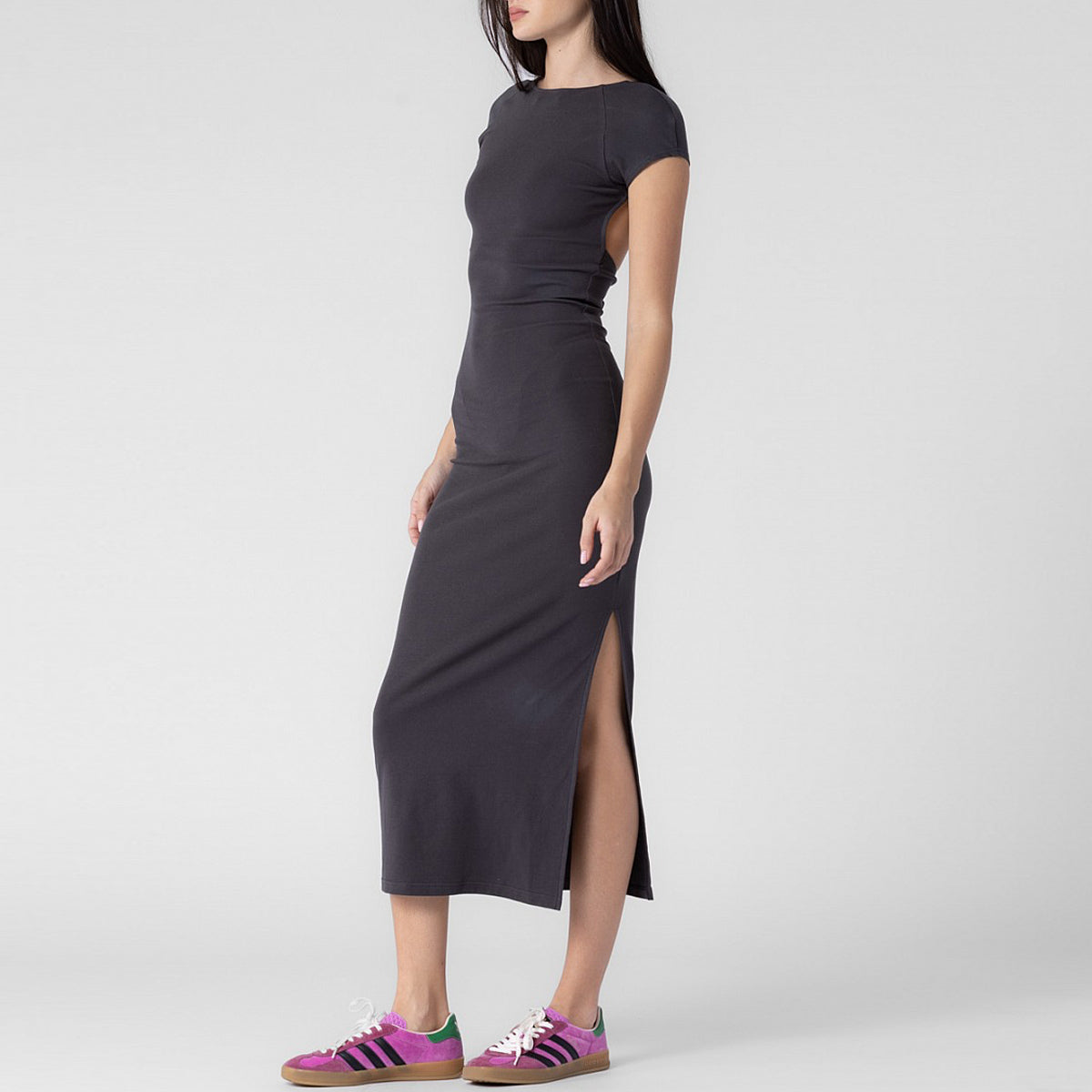 Front full body photo of model wearing the Low Back Easy Dress - Slate.