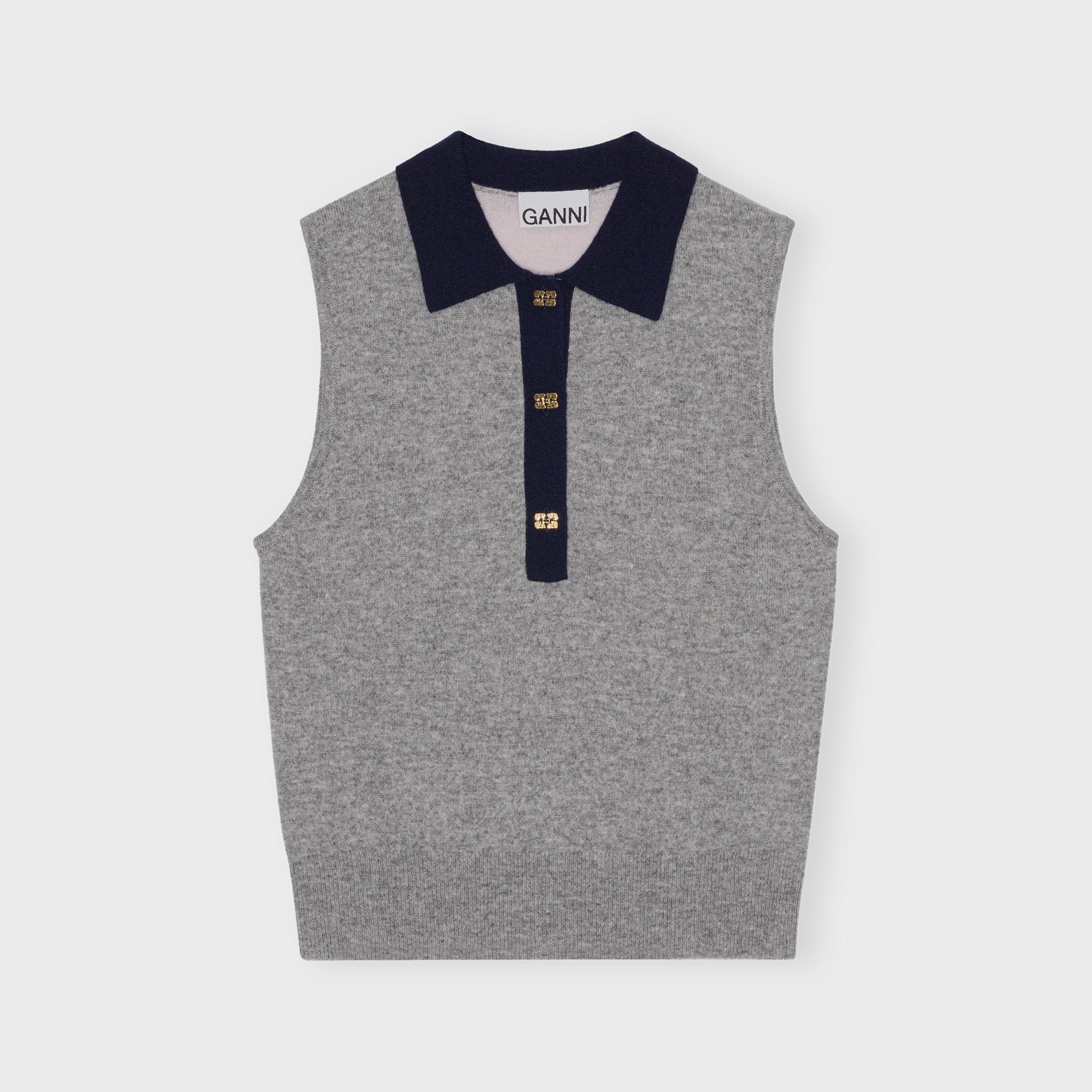 GANNI - Cashmere Mix Sleeveless Polo - Frost Gray | available at LCD